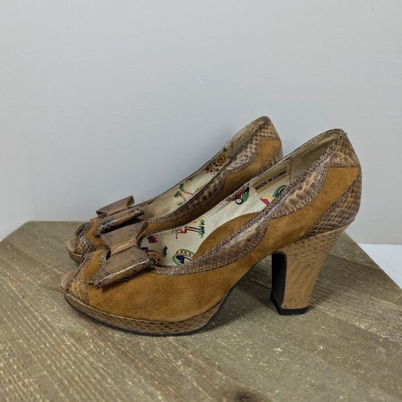 Miss L Fire Leather Suede Bow Heels Size 6 Vintage Style Peep Toe Retro Pinup 3" - Picture 1 of 10